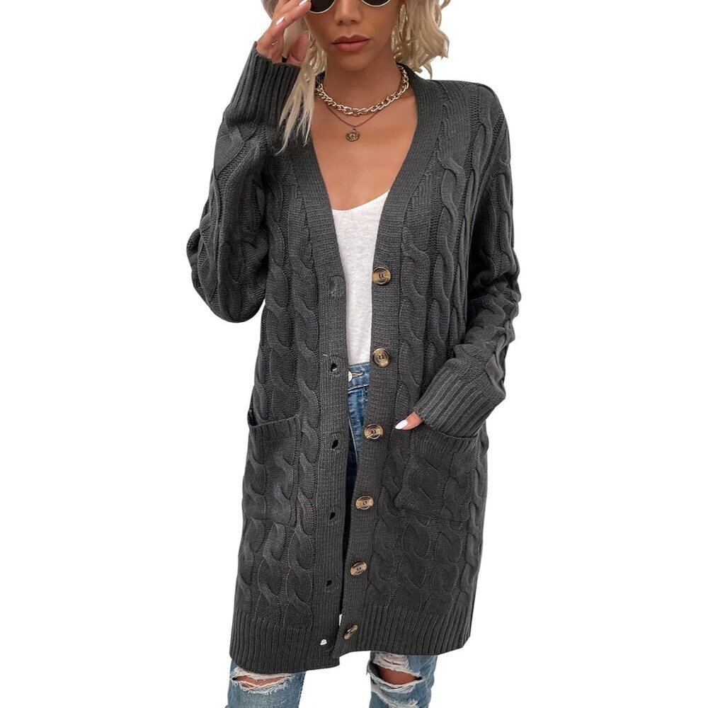 🆕Disi Womens grey Cardigan Long Sleeves Cable Knit Open Front Loose Sweaters